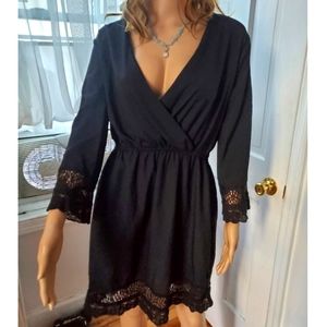 Faux Wrap Bust crocheted trimmed Black Dress Sz XL